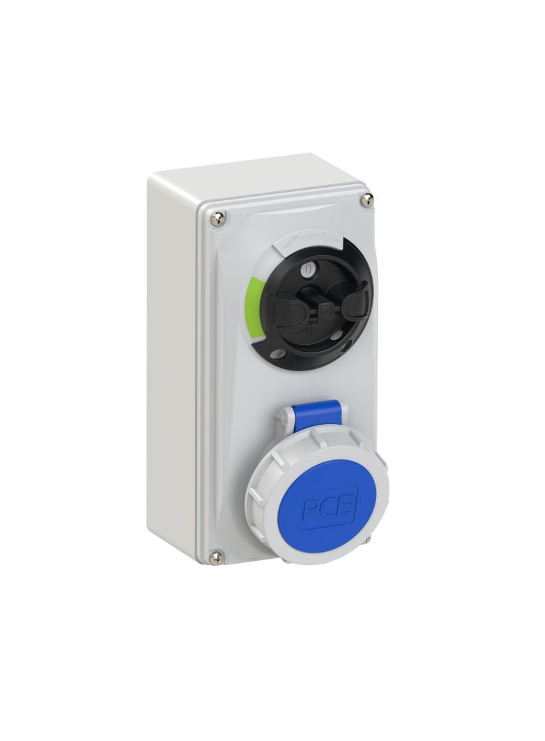 GNIAZDO Z WYŁĄCZNIKIEM 0-1 MAŁE BLOKADA MECHANICZNA 16A 230V 2P+Z IP67 IP67