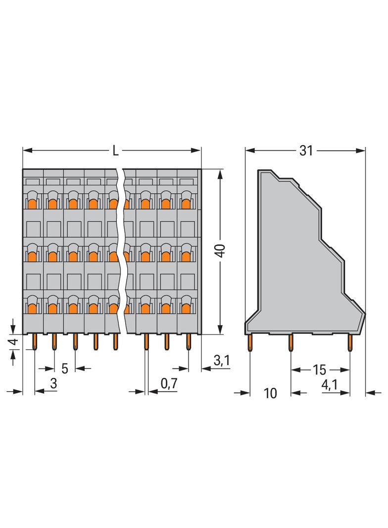 3-piętrowa listwa do pł. drukowanych 24-bieg. szara raster 5 mm