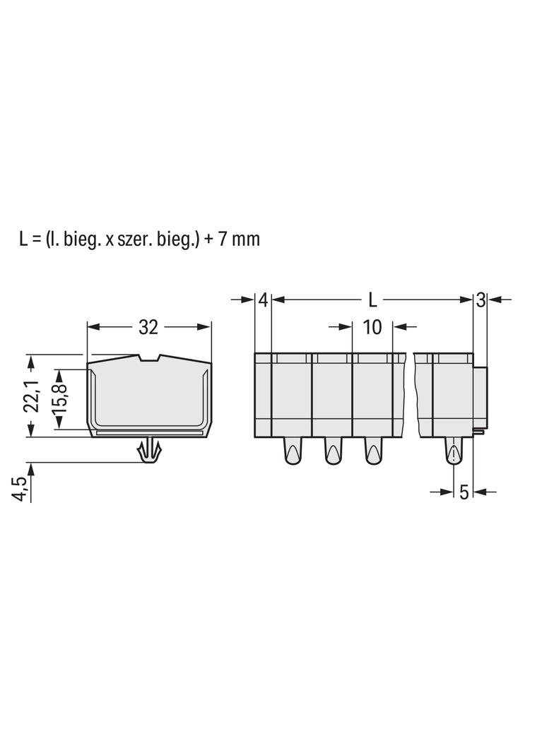 listwa zaciskowa 4-przew. Ex 2,5 mm2 5-torowa j-szara stopki montażowe /100szt./ WAGO