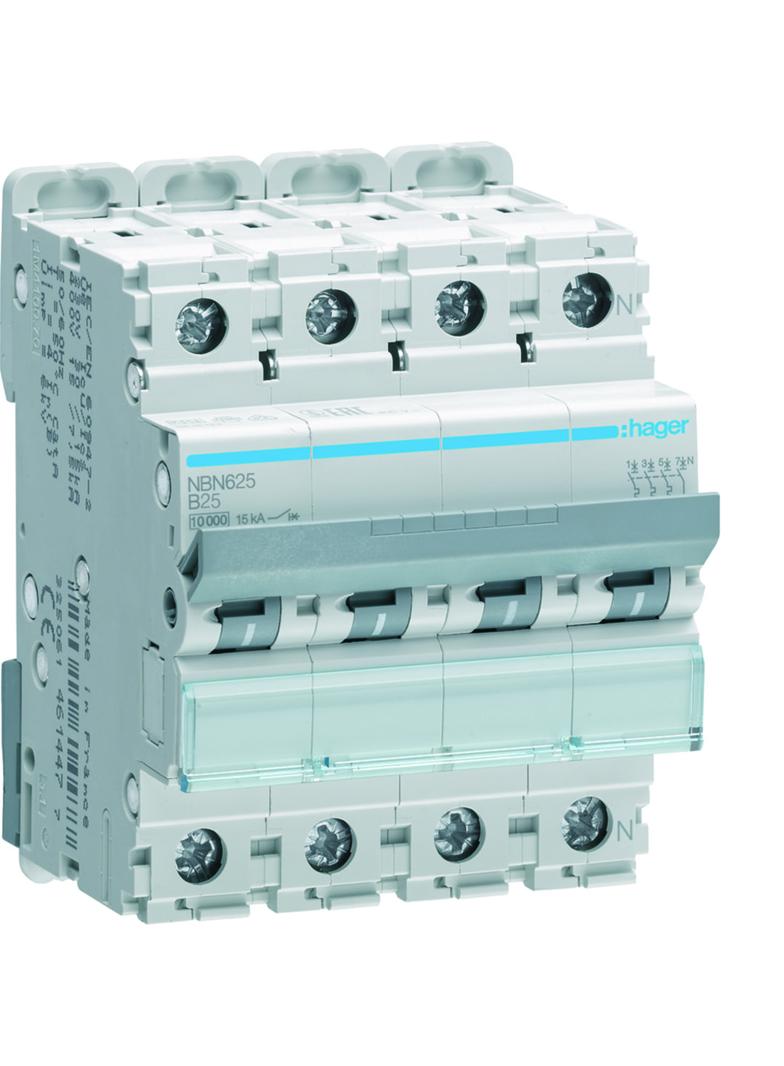 MCB Wyłącznik nadprądowy 10kA/15kA 3P+N B 25A NBN625 HAGER