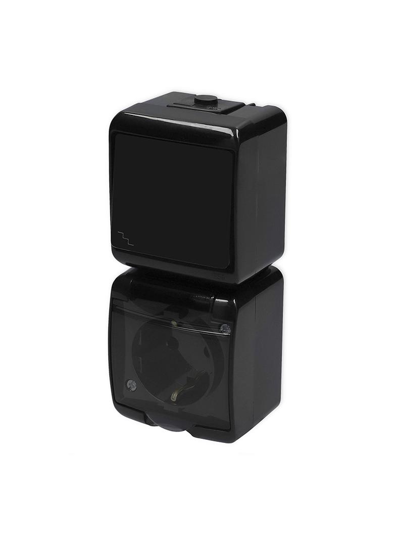 JUNIOR Łącznik schodowy z gniazdem pojedynczym z uziemieniem SCHUKO 2P+Z (klapka dymna; przesłony to