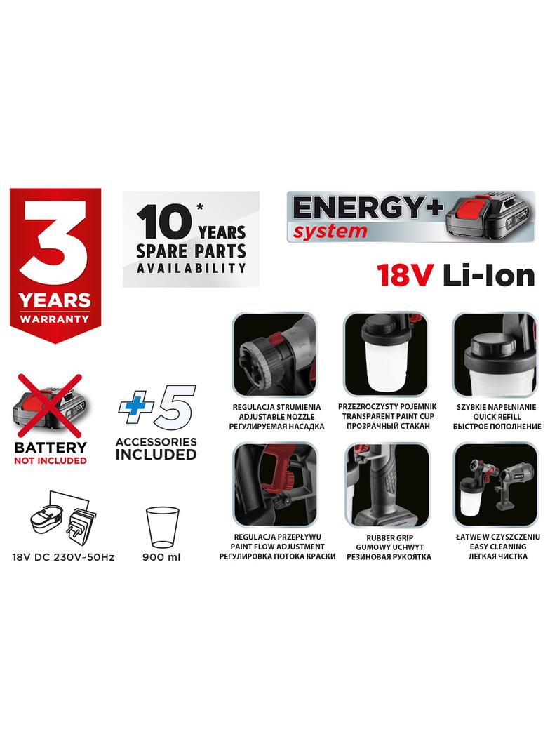 Pistolet natryskowy HVLP Energy+ 18V, Li-Ion, bez akumulatora