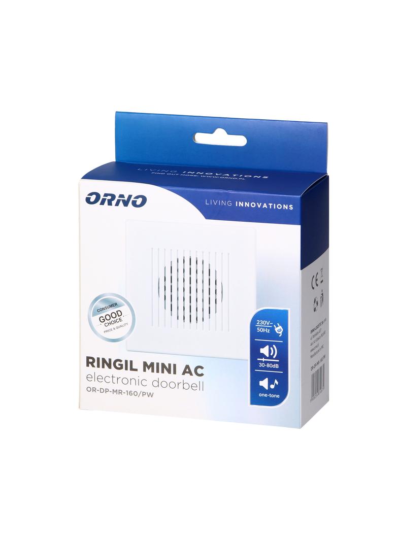 Dzwonek elektroniczny jednotonowy RINGIL MINI AC, 230V, śnieżno biały OR-DP-MR-160/PW ORNO