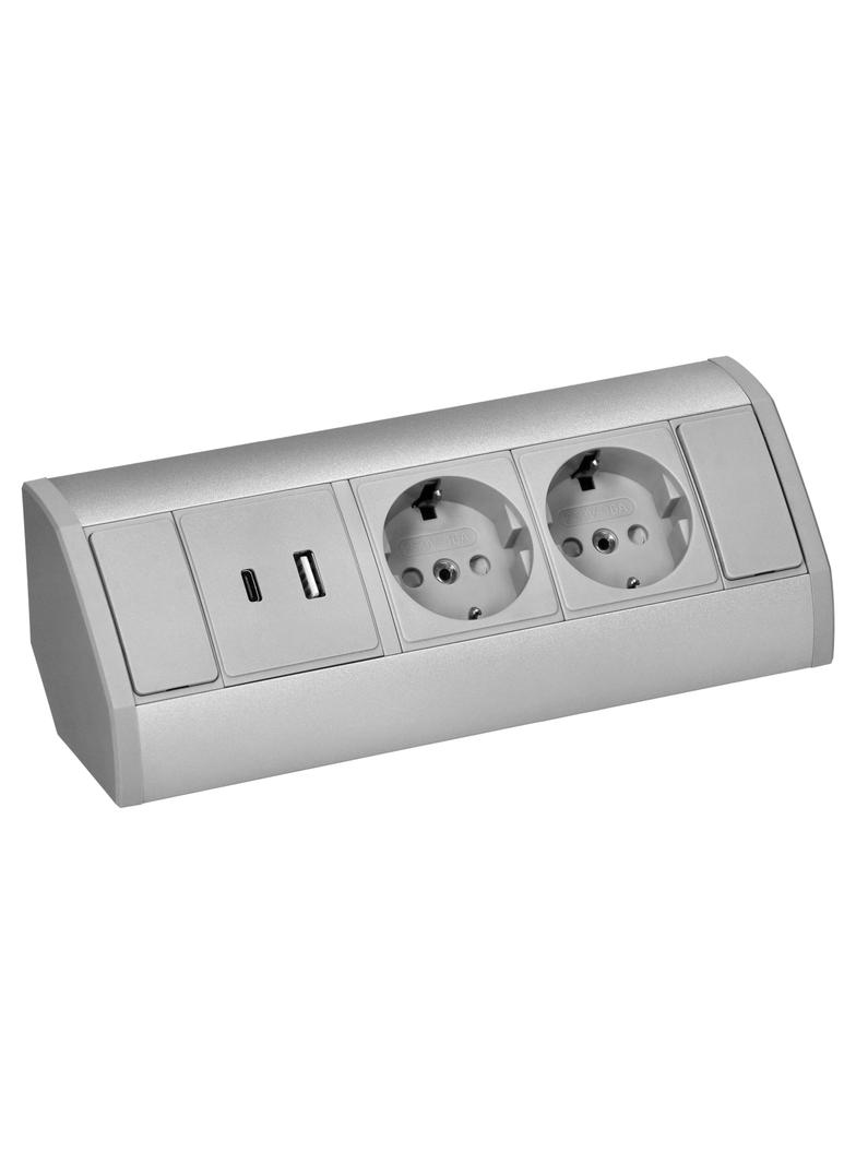 Gniazdo meblowe 2x2P+Z (Schuko), 2xUSB (typ A+C; 2,4A), szaro-srebrne