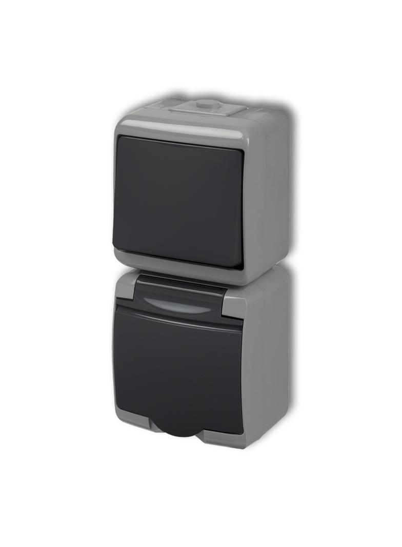 JUNIOR Łącznik jednobiegunowy z gniazdem pojedynczym z uziemieniem 2P+Z (klapka grafitowa; bez przes