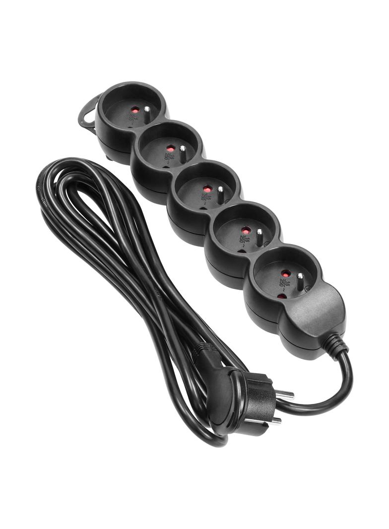 Przedłużacz 5-krotny 2P+Z, 5m H05VV-F 3x1,5mm2, Imax=16A, płaska wtyczka, czarny