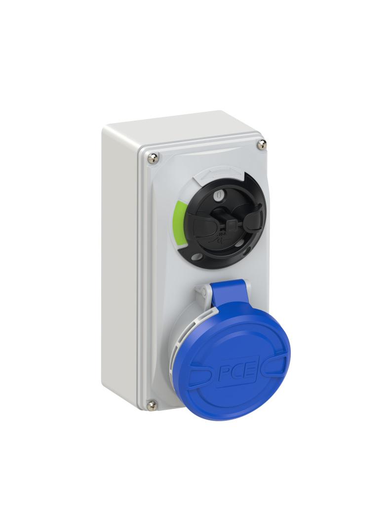 GNIAZDO Z WYŁĄCZNIKIEM 0-1 MAŁE BLOKADA MECHANICZNA 32A 230V 2P+Z IP44 6123-6 46196 PCE