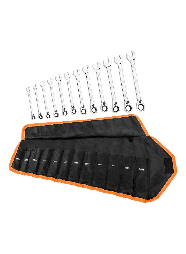 Klucze płasko oczkowe z grzechotką i przełącznikiem, zestaw 12 szt., 8 - 19 mm, miękkie etui