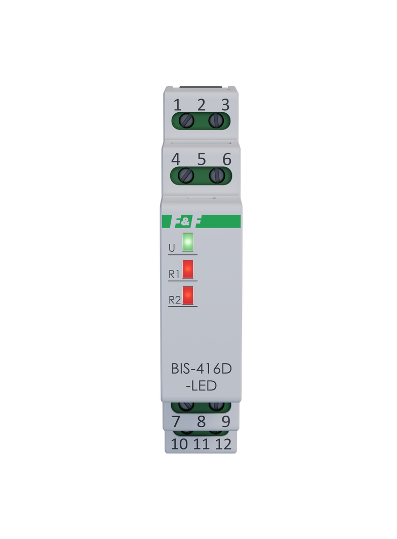 Przekaźnik bistabilny 2 kanałowy on/off Un=230V,I=2x10A InRush(120A/20ms) styki 2xNO,1S DIN BIS-416D-LED F&F