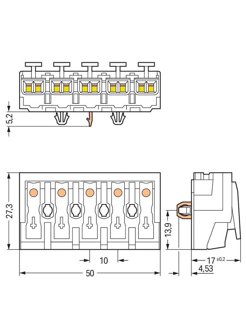 złączka zasilająca 5-biegunowa ze stopkami ze styk. PE