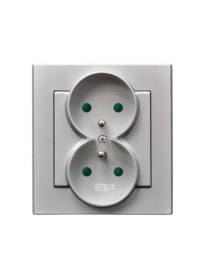 SONATA Gniazdo podwójne z uziemieniem z przesłonami torów prądowych, kompletne z ramką - kolor srebr