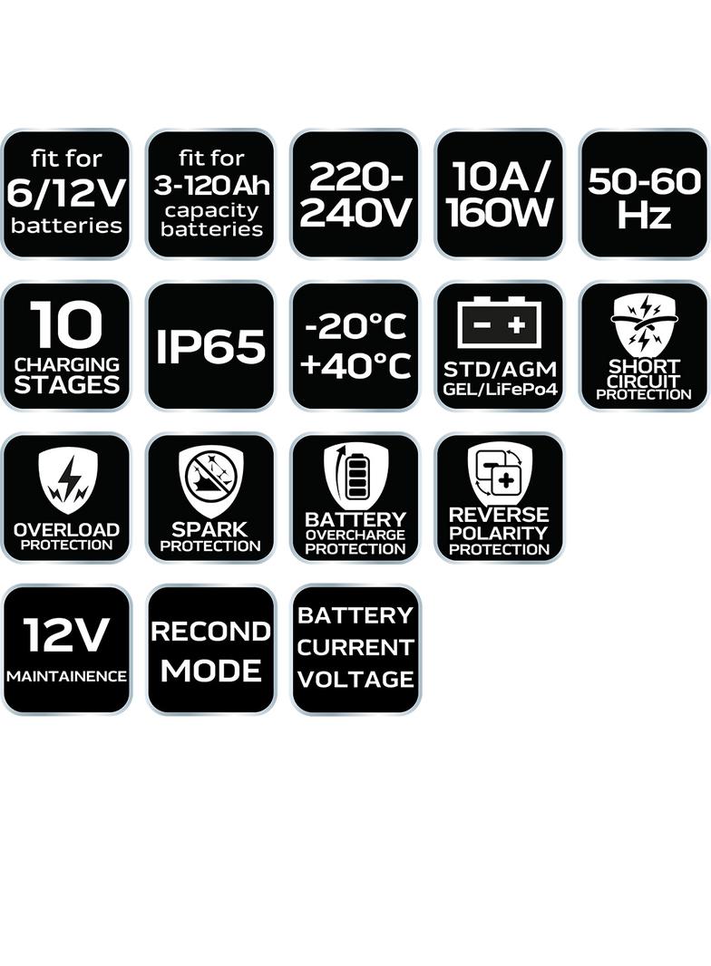 Prostownik automatyczny 10A/160W, 3-200Ah, do akumulatorów kwasowych / AGM / GEL