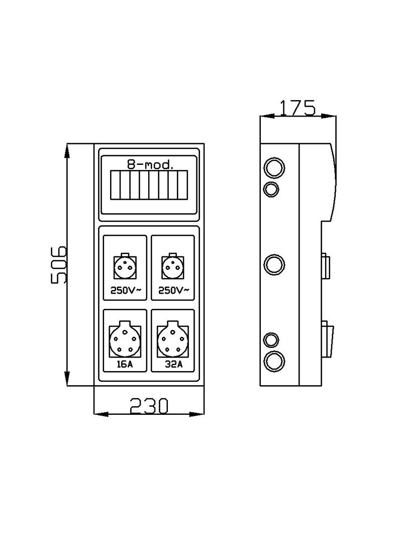 RS 8-mod. 2x2P+Z, 3P+N+Z 16A, 3P+N+Z 32A  IP 44 szara