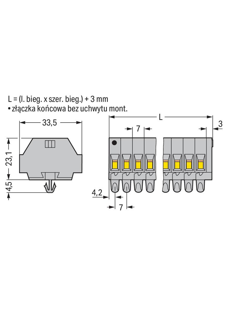 listwa zaciskowa 2-przewodowa 4 mm2 4-torowa szara stopki montażowe /100szt./ WAGO