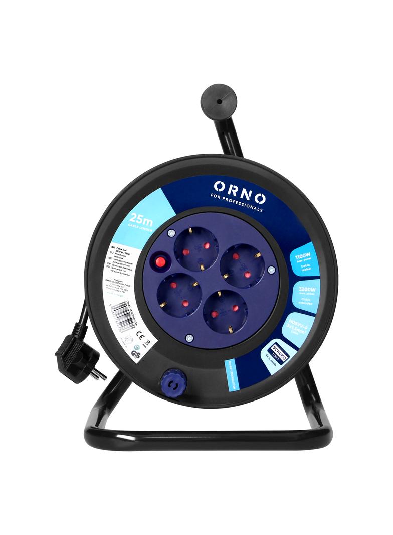 Przedłużacz bębnowy, 4 gniazda 2P+Z, Schuko, kabel PVC H05VV-F 3x1,5mm2, długość 25m, termik, przesł