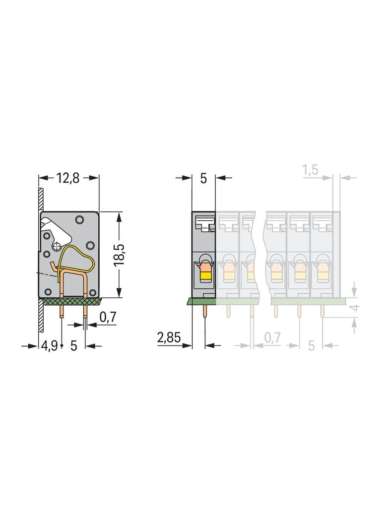 złączka przepustowa do p.drukowanych szara raster 5 mm