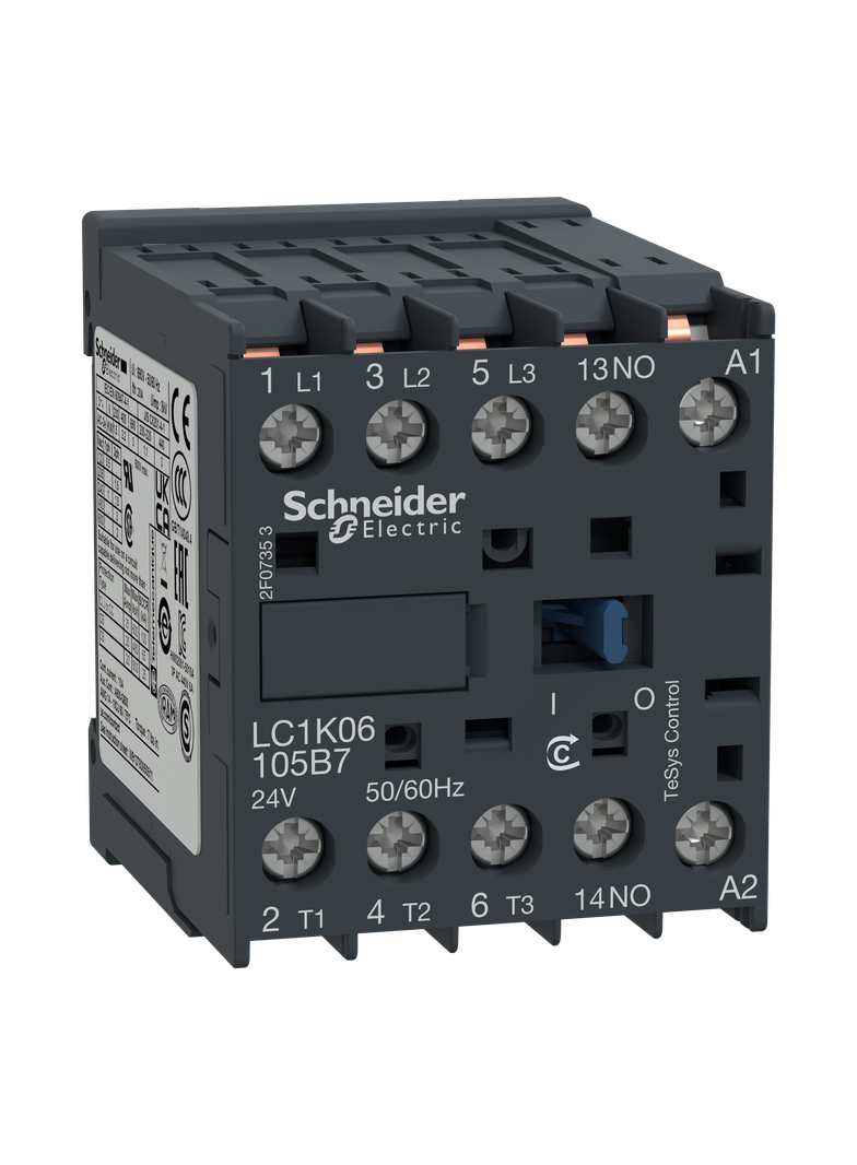 Miniaturowy stycznik mocy, TeSys K, 6A, 3P, 1NC, cewka 24VAC, zaciski śrubowe LC1K06105B7