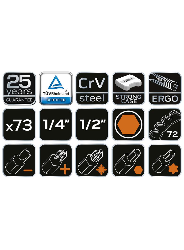 Klucze nasadowe 1/2", 1/4", zestaw 73 szt., CrV