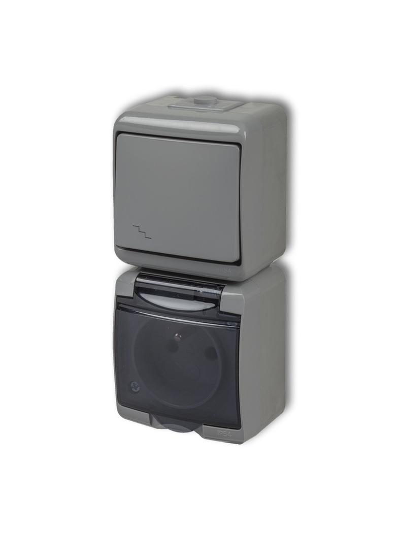 JUNIOR Łącznik schodowy z gniazdem pojedynczym z uziemieniem 2P+Z (klapka dymna; bez przesłon) 10WGH