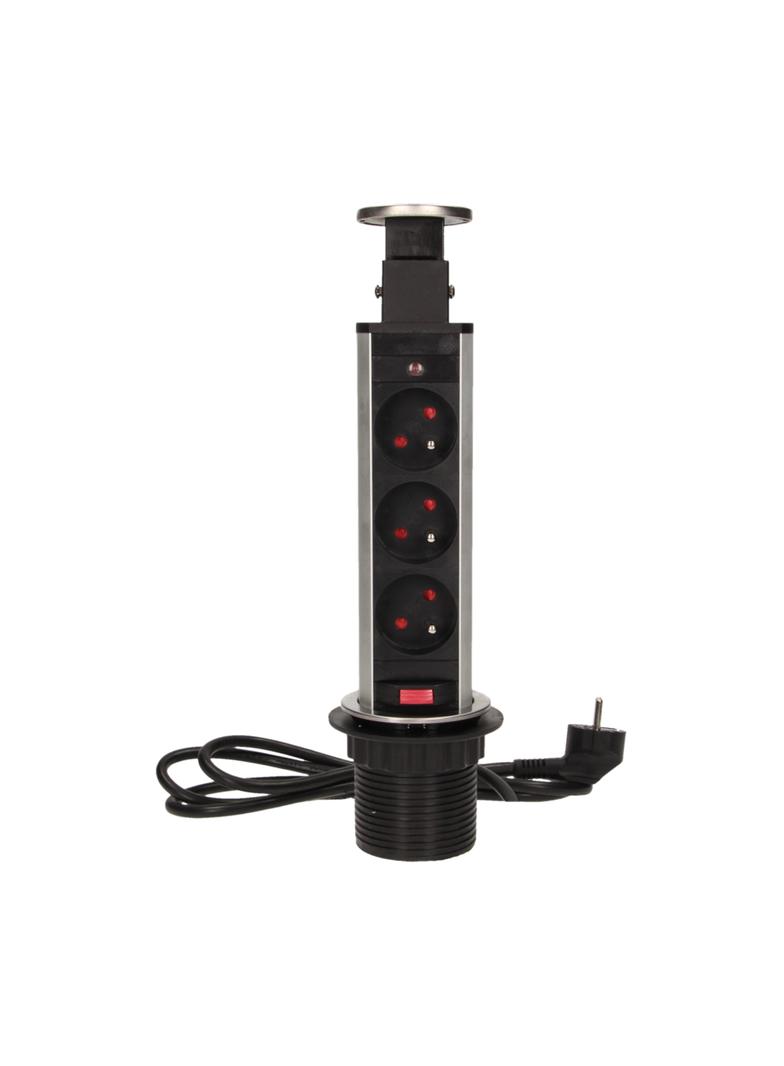 Gniazdo meblowe 3x2P+Z wysuwane z blatu 6cm, z blokadą i przewodem 1,8m, INOX