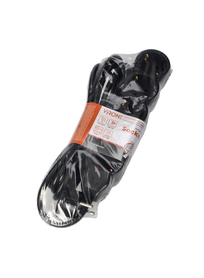 Przedłużacz 5-krotny 2P+Z (Schuko), 3m H05VV-F 3x1,5mm2, Imax=16A, płaska wtyczka, czarny