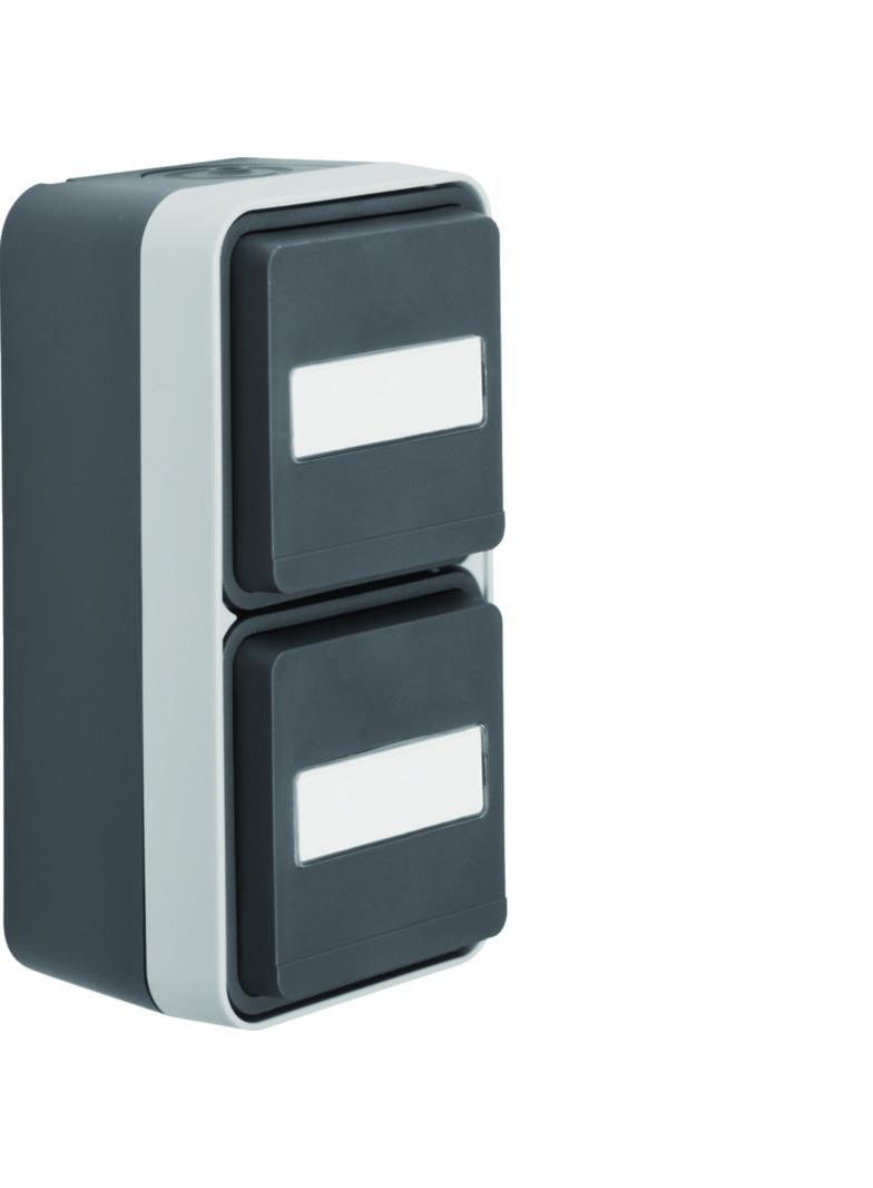 BERKER W.1 Gniazdo SCHUKO 2P+Z podwójne pionowe z polem opisowym kompletne IP55 szary 47703535 HAGER