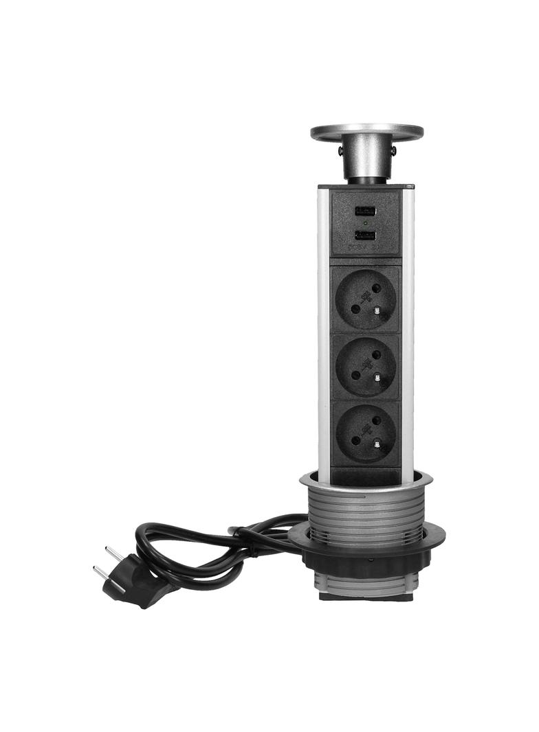 Gniazdo meblowe O8cm wysuwane z blatu z ładowarką USB i przewodem 1,8m, 3x2P+Z, 2xUSB
