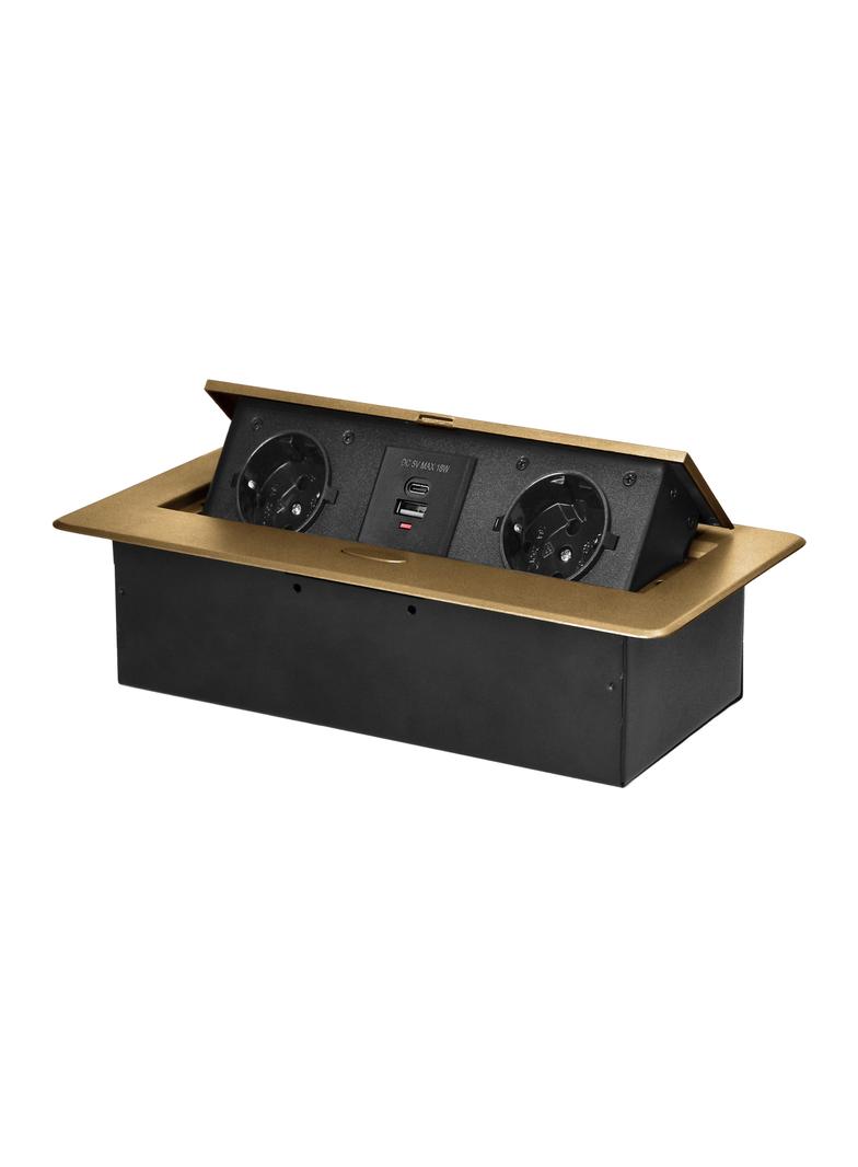 Gniazdo meblowe wpuszczane w blat z płaskim frezowanym rantem i ładowarką USB, 2x2P+Z (Schuko),2xUSB