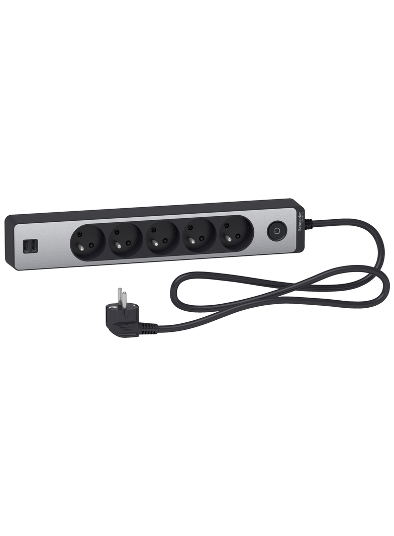 Odace, przedłużacz 5-gniazdowy z łącznikiem 2xUSB, 1,5m antracyt/szczotkowane aluminium