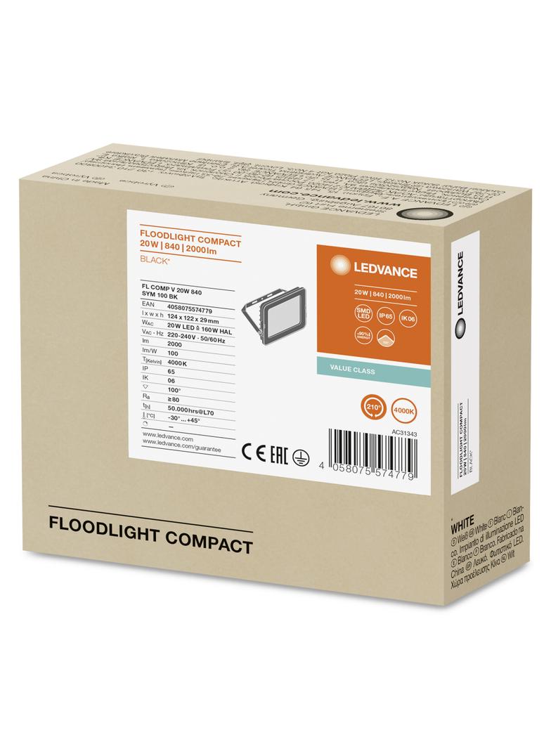 Naświetlacz LED FLOOD COMPACT V 20W 840 SYM 100 BK 4058075574779 LEDVANCE