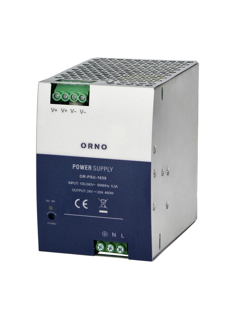 Zasilacz przemysłowy na szynę DIN 24VDC 20A 480W obudowa metalowa OR-PSU-1659 ORNO