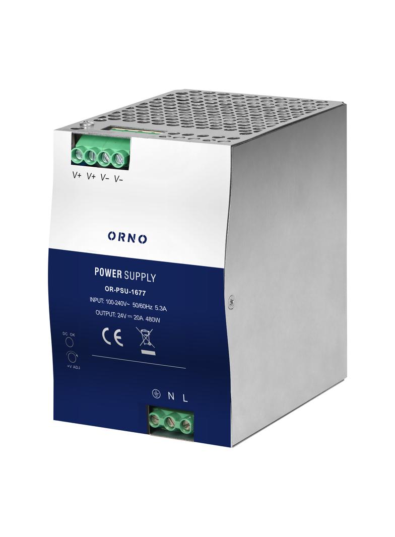 Zasilacz przemysłowy, na szynę DIN, 24VDC, 20A, 480W, w metalowej obudowie