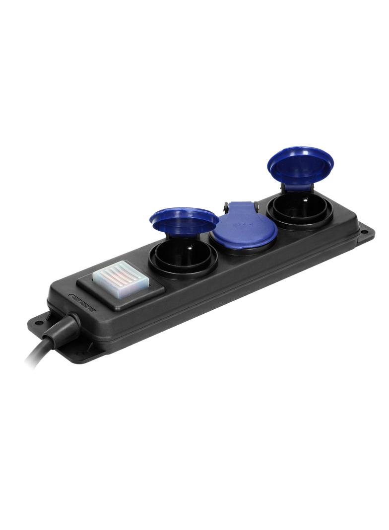 Przedłużacz warsztatowy bryzgoszczelny z wyłącznikiem IP44, 3 gniazda 2P+Z IP44, przewód gumowy, H05