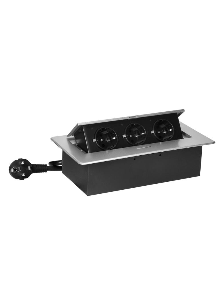 Gniazdo meblowe wpuszczane w blat z płaskim frezowanym rantem i przewodem 1,5m, 3x2P+Z (Schuko), sre