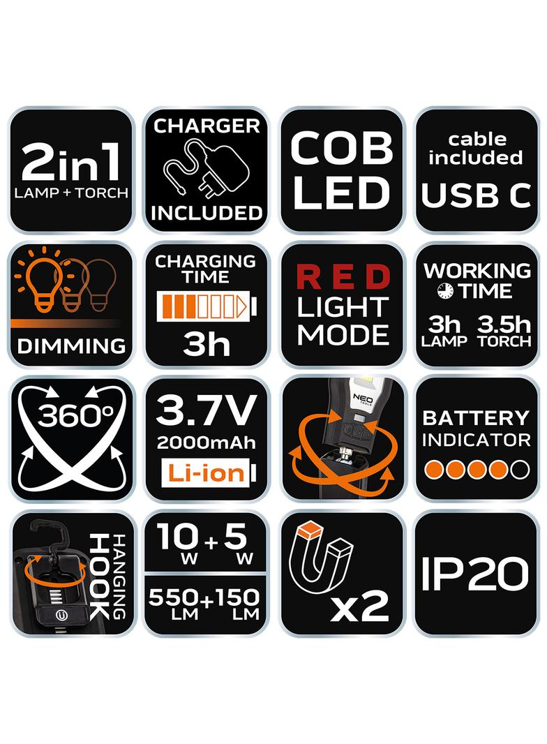 Lampa warsztatowa 550 lm COB LED + baza + ładowarka