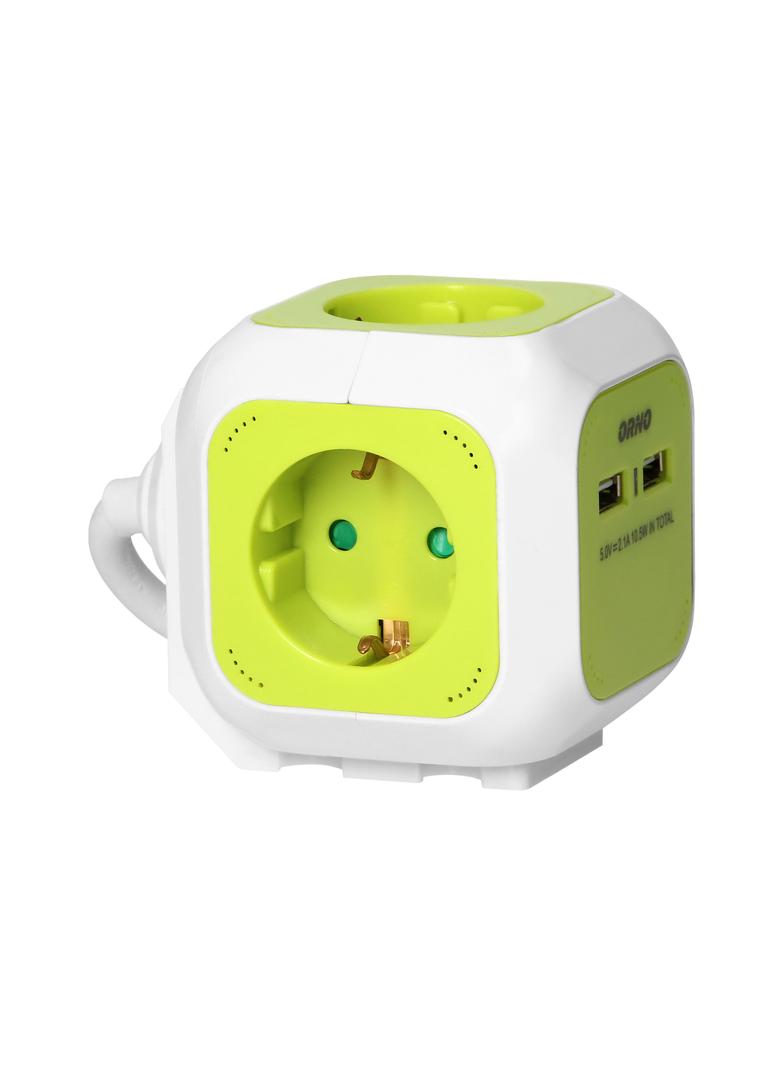 Przedłużacz Kostka 4x2P+Z(Schuko) ładowarka 2xUSB 1,4m H05VV-F 3x1,5mm2 limonkowy OR-AE-13144(GS)/L