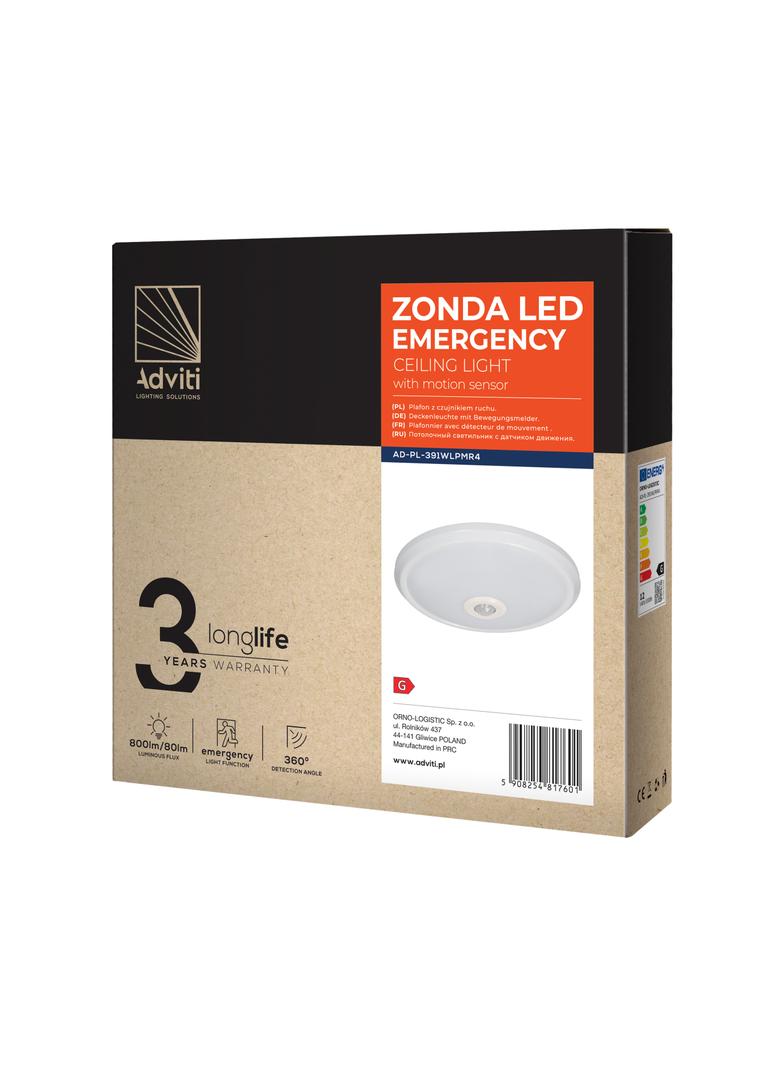 ZONDA LED EMERGENCY 12W/1,2W, plafon z czujnikiem ruchu, 800lm/80lm, IP20, 4000K, poliwęglan mleczny AD-PL-391WLPMR4 ORNO