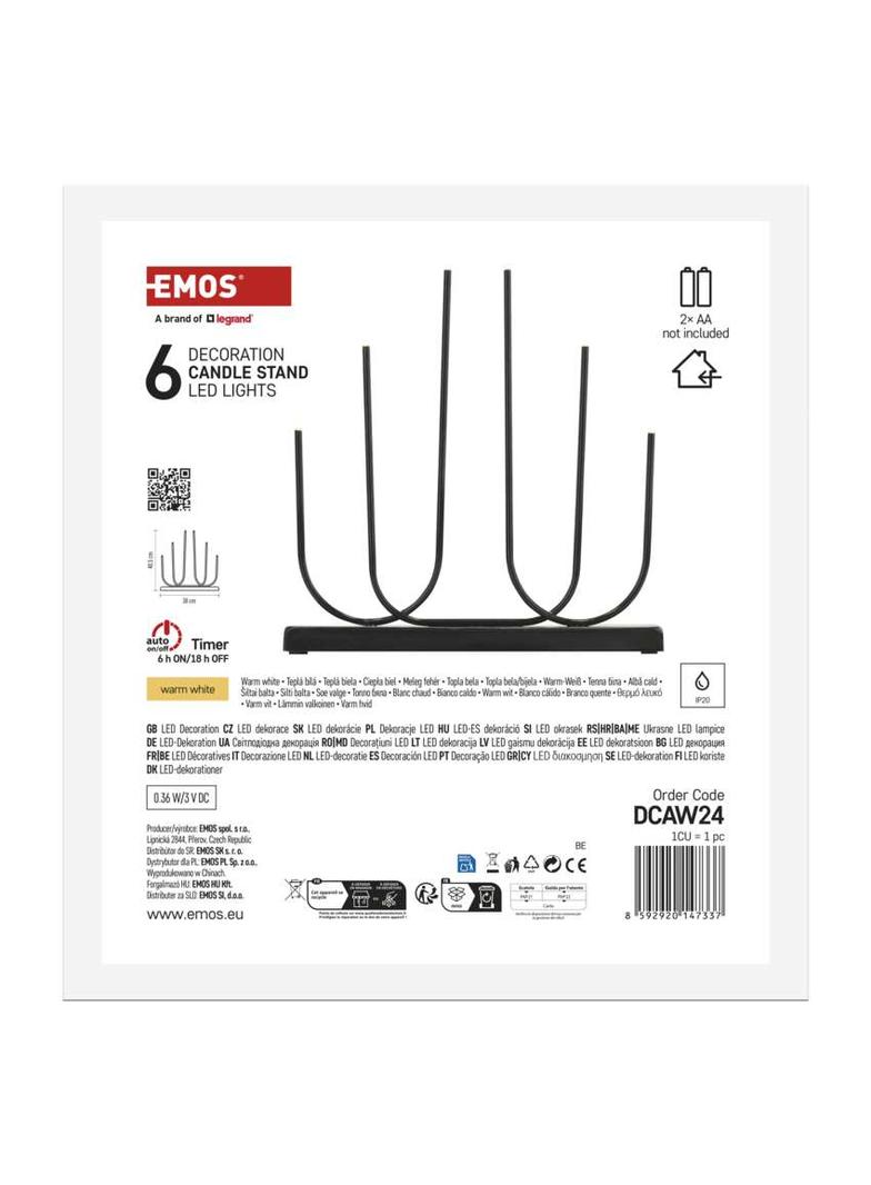 Świecznik świąteczny 6 LED 40 cm 2x AA metal ciepła biel IP20 timer DCAW24 EMOS