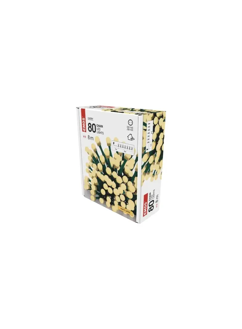 Lampki choinkowe 80 LED cherry 8m , ciepła biel, zielony przewód, IP44, timer