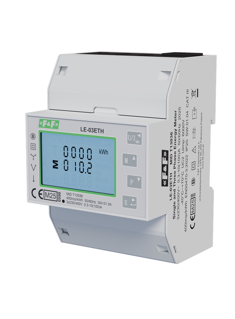Trójfazowy licznik pomiar bezpośredni 100A komunikacja Modbus TCP MID LE-03ETH F&F