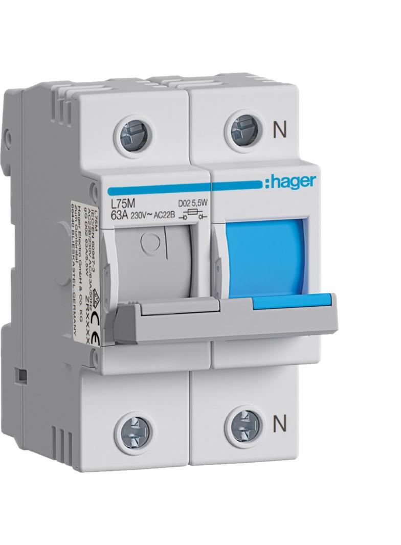 Modułowy rozłącznik bezpiecznikowy poziomy D02 1P+N 63A 400VAC 110/220VDC L75M HAGER