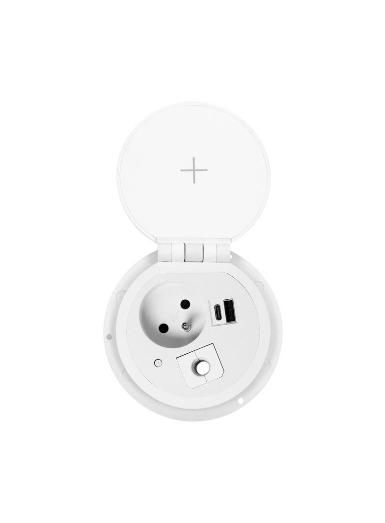 Gniazdo meblowe O8cm wpuszczane w blat z ładowarką indukcyjną, ładowarką USB z 2 gniazdami A i C, pr OR-GM-9015/W ORNO