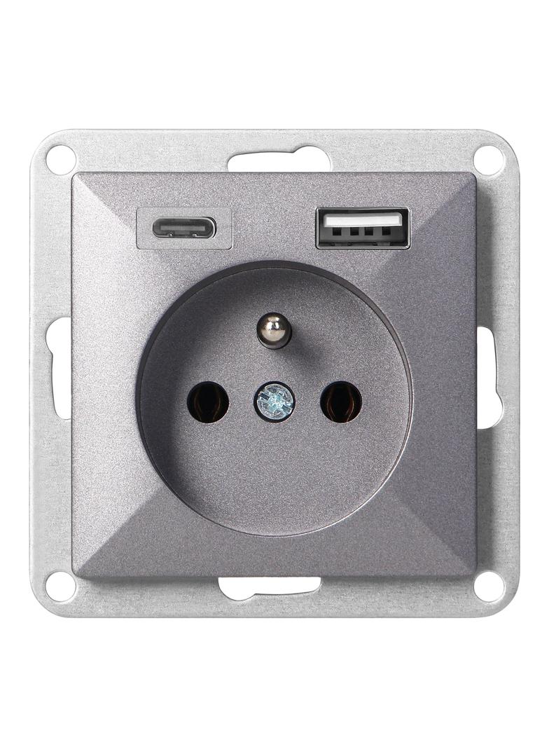 Gniazdo pojedyncze podtynkowe 2P+Z z ładowarką USB A+C Pearl, 16A, 250V, PT-16P/USB, antracyt