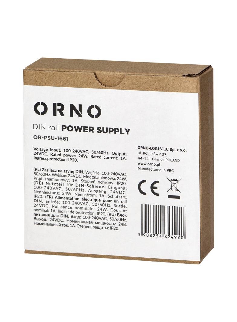 Zasilacz przemysłowy na szynę DIN 24VDC 1A 20W obudowa z tworzywa sztucznego OR-PSU-1661 ORNO