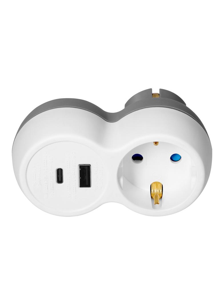 Rozgałęźnik 2P+Z, USB-A+C, schuko, biało-szary