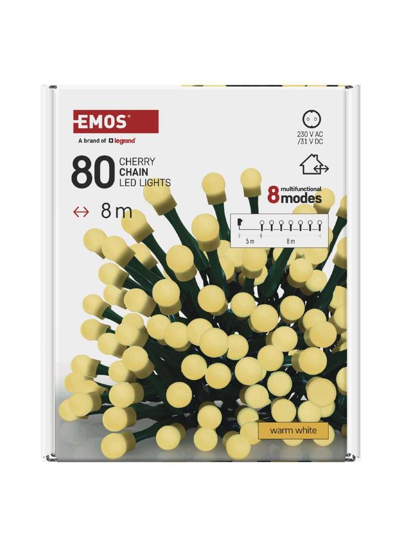 Lampki choinkowe 80 LED cherry 8m ciepła biel zielony przewód IP44 8 programów timer D5AW22 EMOS
