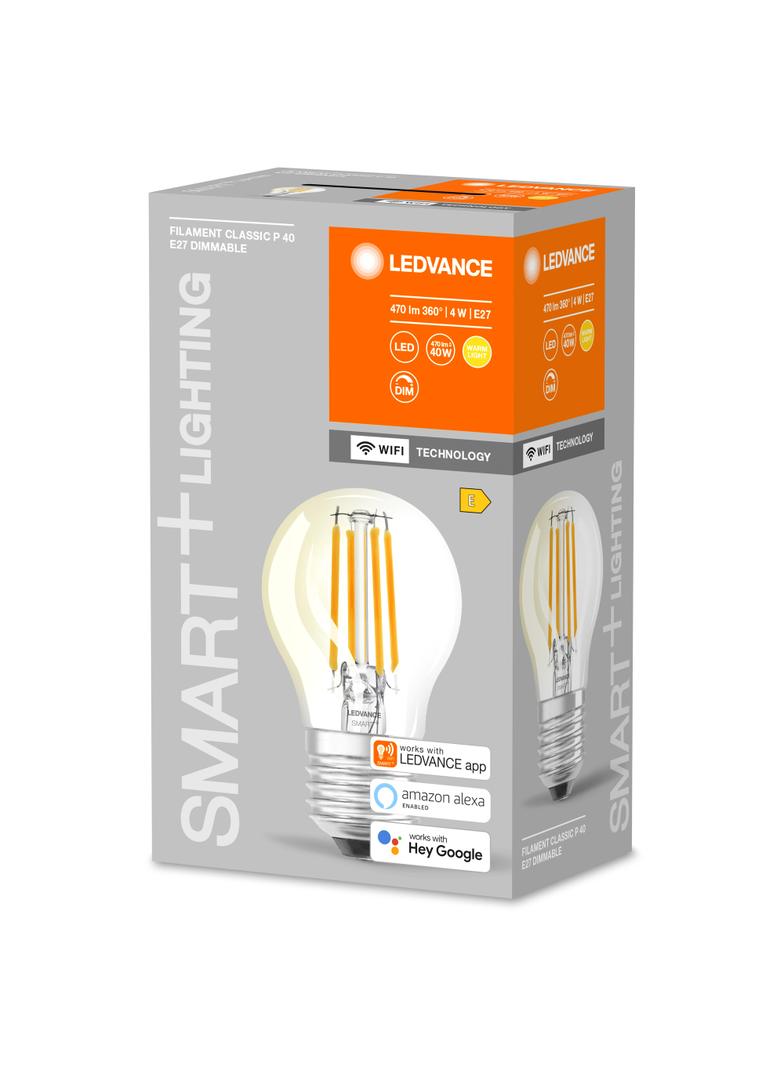 Żarówka LED E27 P40 4W = 40W 2700K Ciepła 470lm 300° Filament SMART+ WIFI Ściemnialna 4058075609792 LEDVANCE