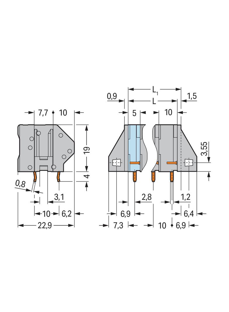 listwa zaciskowa do pł. drukowanych 2-bieg. szara raster 10 mm