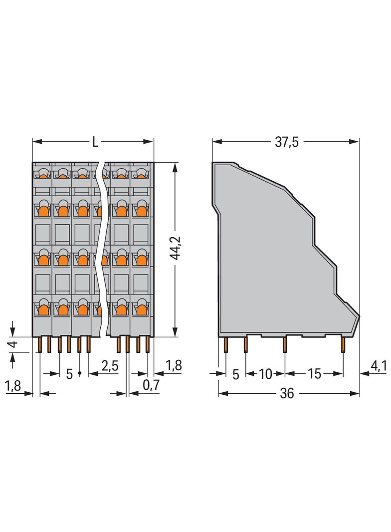 4-piętrowa listwa do pł. drukowanych 4 x 16 bieg. szara raster 5 mm /9szt./ WAGO