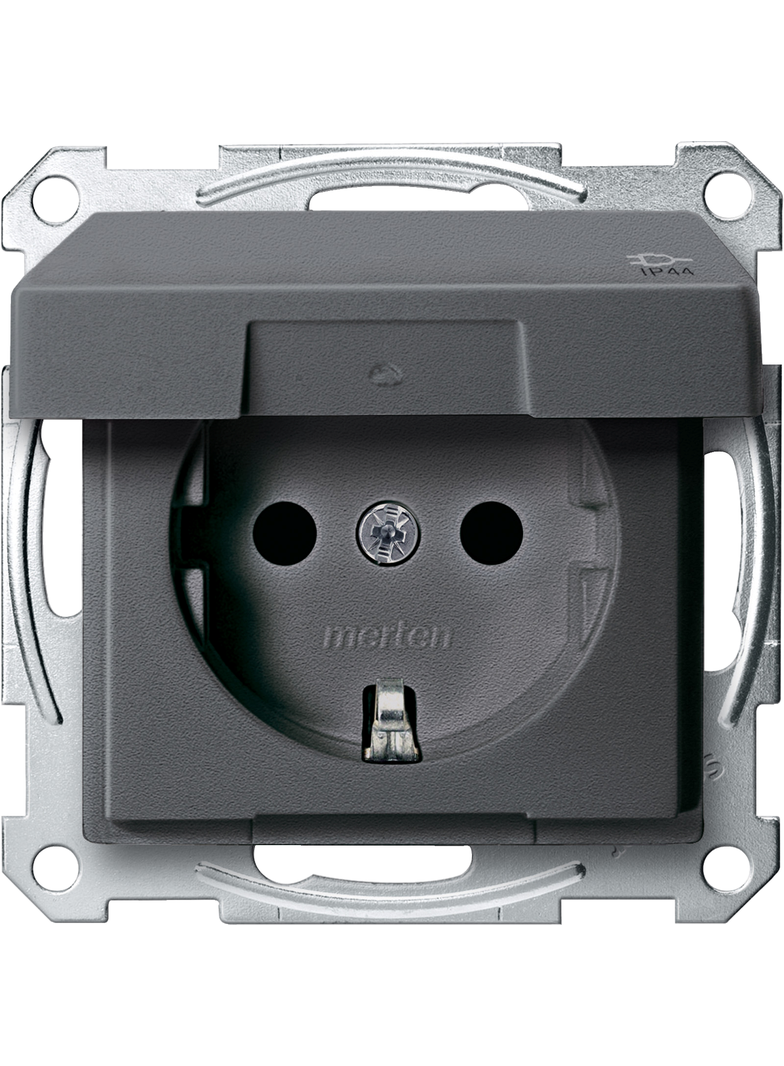Gniazdo wtykowe SCHUKO z klapką, IP44, z przesłoną, śrub., antracyt, Sys M